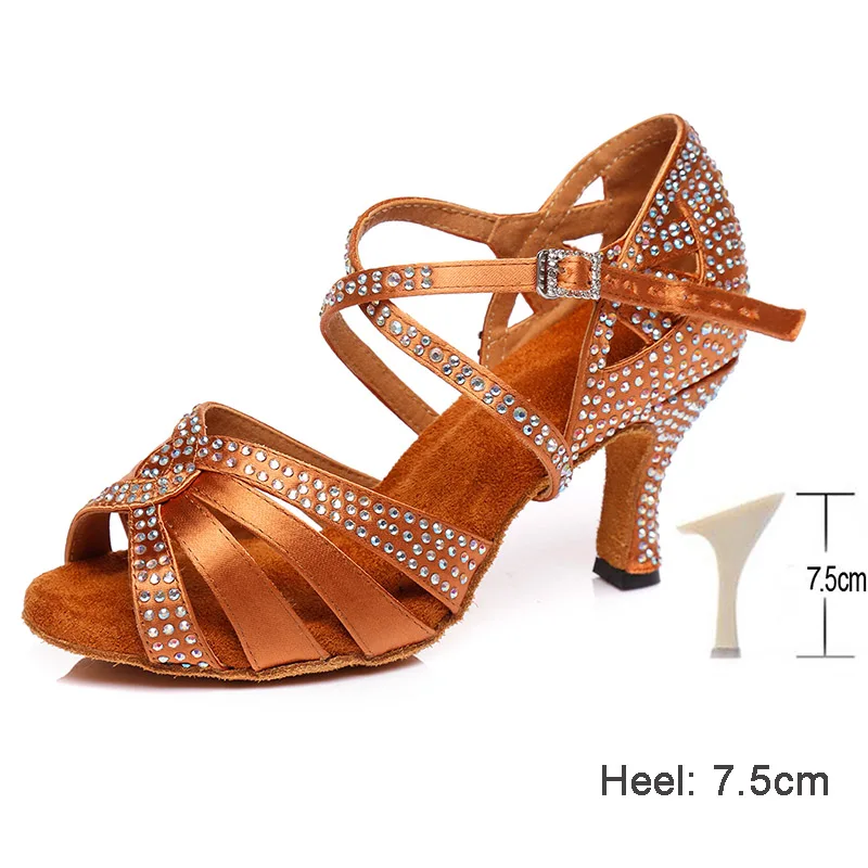 HROYL Для женщин Латинская танцевальная обувь для девушек и женщин; с Стразы Танго Танцы обувь 10/8. 5/7. 5/6 см каблуке; Прямая поставка - Color: 7.5CM heels Brown