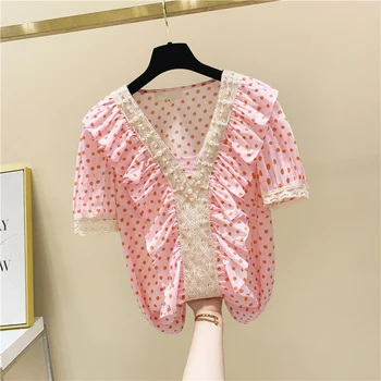 

Pink Dot Blouse for Women Summer Top Lace Beaded Ruffled Polka Dot V-neck Short Sleeve Shirt Female Clothes Blouses Blusas