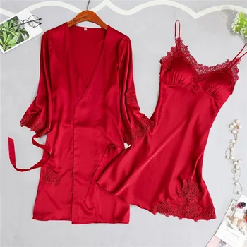 

Women Pajamas Satin Sleepwear Pijama Silk Home Wear Home Clothing Embroidery Sleep Lounge Pyjama Chest Pad Summer