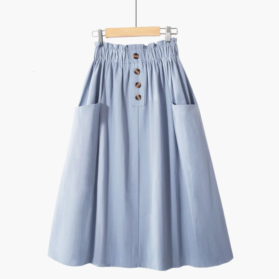 Fashion Women School Skirt Button A-line Summer Pocket Skirt Female Knee Length High Waist Midi Skirt