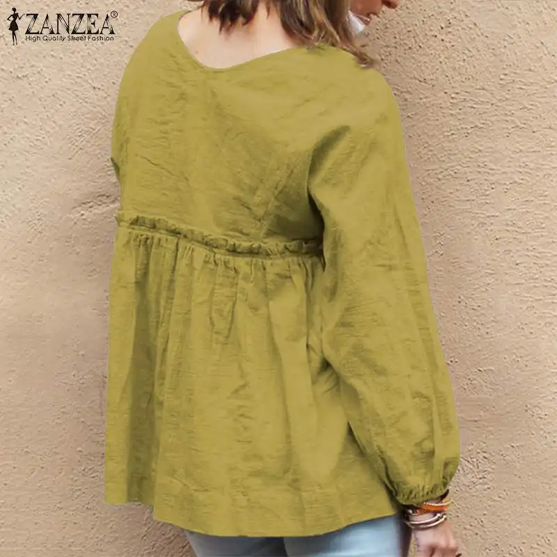 Blusas Топ ZANZEA Осень однотонная блузка для вечеринок Для женщин с длинным рукавом хлопковые блузки, топы, Модные V образным вырезом рубашка с оборками Женская сорочка