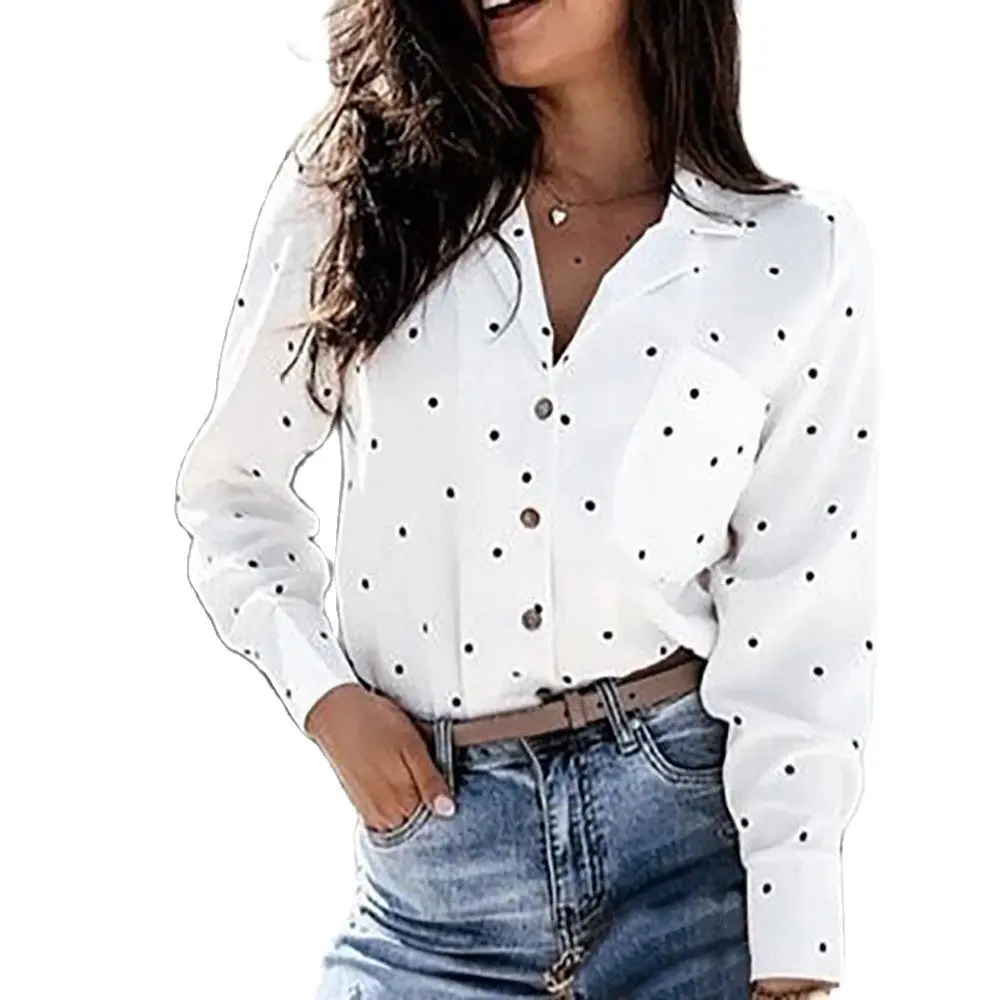 2021 New Design Good Quality Factory Price Fashion Hot Selling Women's Polka Dot Print Long-Sleeved Suit Collar Shirt | Женская