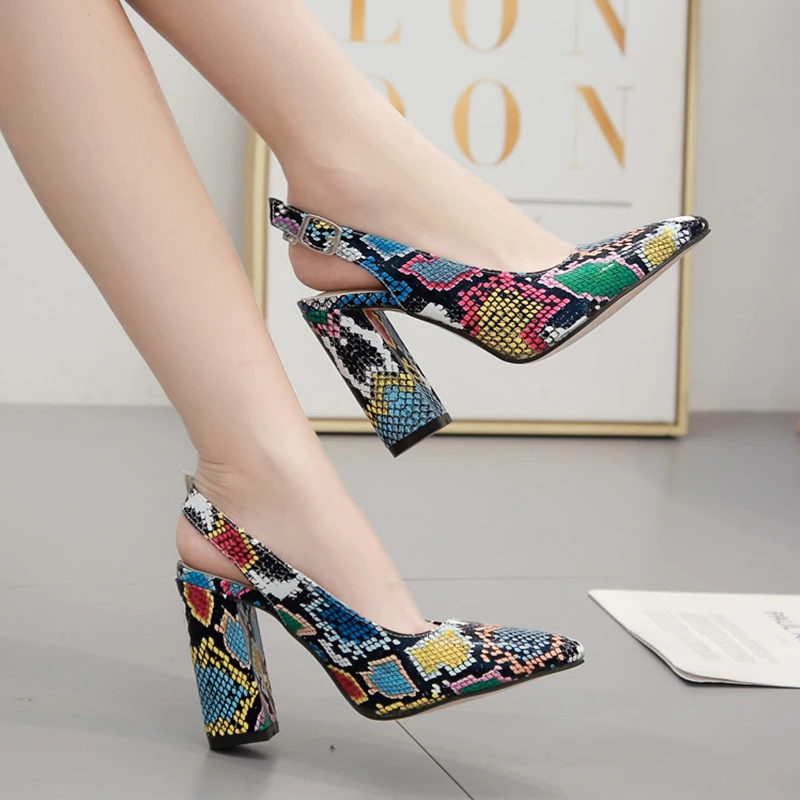 

Colorful Snake Printed Women Sandals Pointed Toe Back Strap Sandals Block High Heels Fashion Women Party Shoes Buckle Design