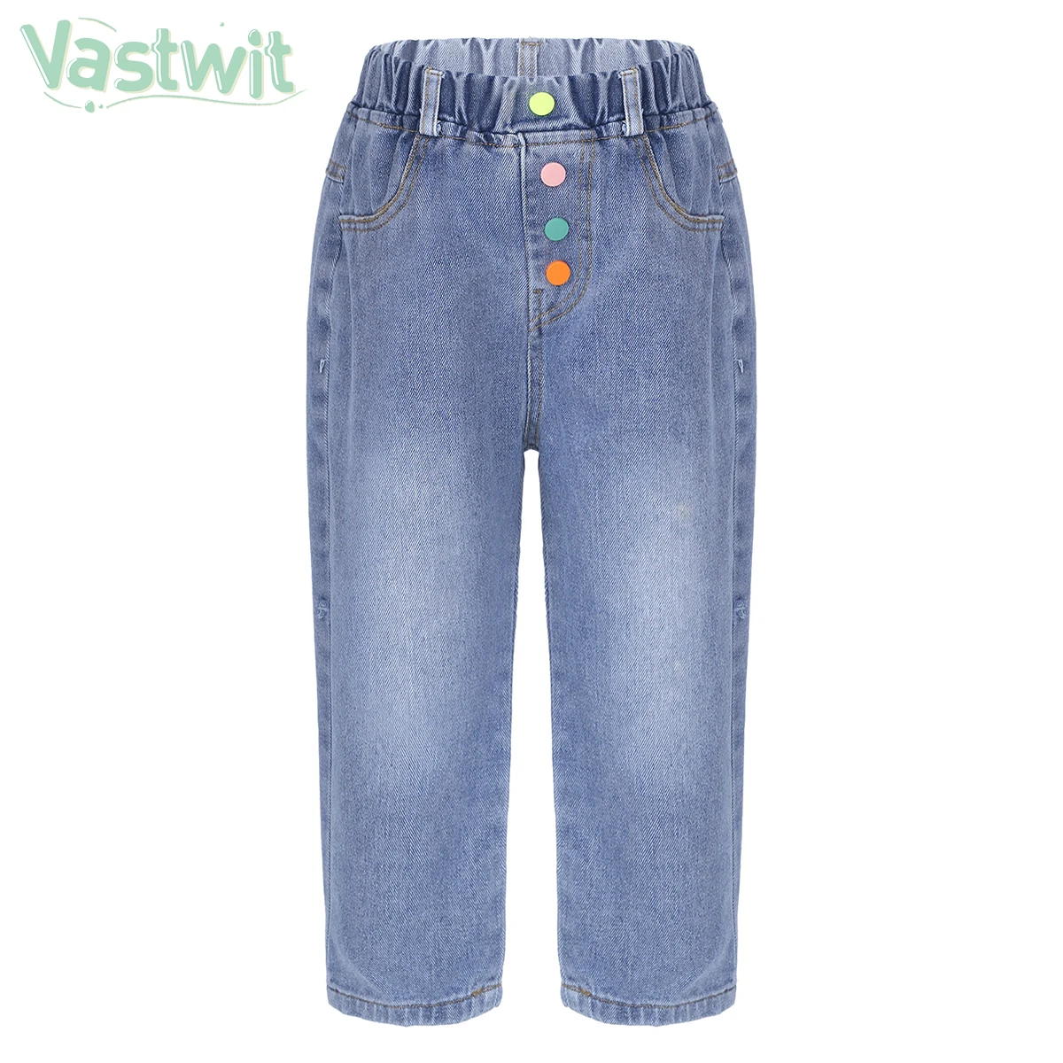 

Kid Cartoon Casual Jeans for Girls Children Jeans Elastic Waist Colorful Button Denim Pants Kids Trousers for Girls Kids Clothes