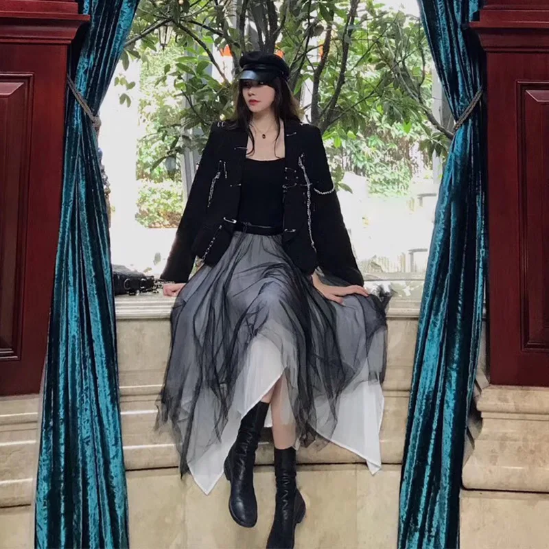 

Muses Dark-Style Metal Chain Decoration Suit Jacket-Style Unique Cool Small Pin Fold-down Collar Short Jacket