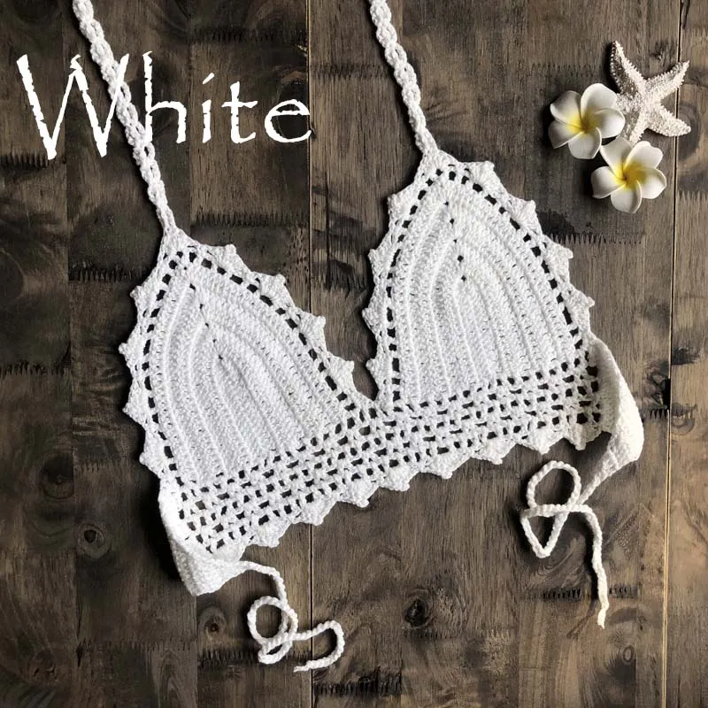 white Push Up Bikini Bra Crochet Bralette Top Women Swimwear Halter Bathing Suit Solid V-neck Bikinis Top Swimwear Female Beachwear - Цвет: white