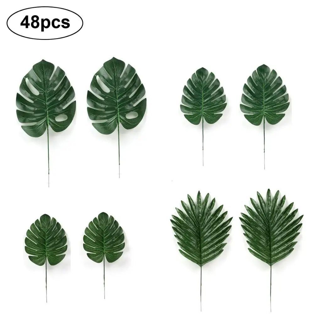 

48 Pcs 4 Kinds Artificial Palm Leaves with Faux Stems Tropical Plant Leaves Monstera Leaves for Hawaiian Luau Party Table Decor