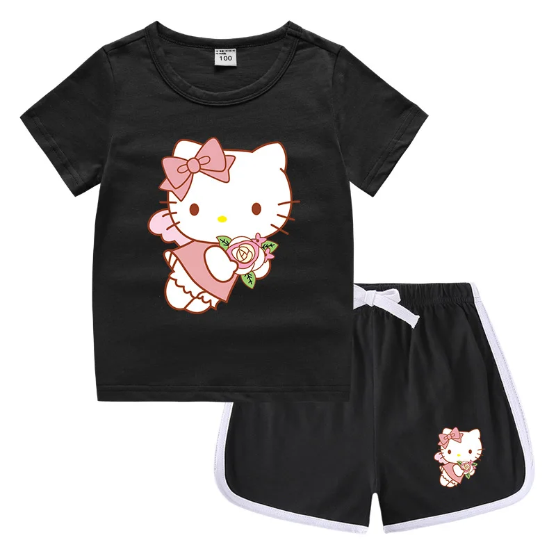 thumbnail image 1 of Nuevo traje de Hello Kitty, camiseta bonita de dibujos animados + Pantalones calientes informales, camisa de fondo de dos piezas absorbente de sudor de algodón caramelo para niños, 1 of 4