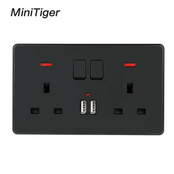 

Minitiger Wall Power Socket Double UK Standard Outlet Switched 2.1A Dual USB Charger Port LED indicator 146mm*86mm Black Color