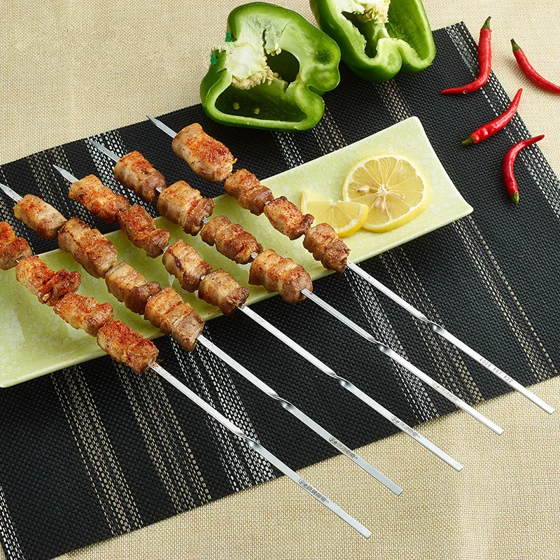 10pcs 25/30/40/45cm BBQ Skewers Stainless steel Barbecue Kebab Flat Barbecue Needle Stick Metal Outdoor Picnic BBQ Accessories