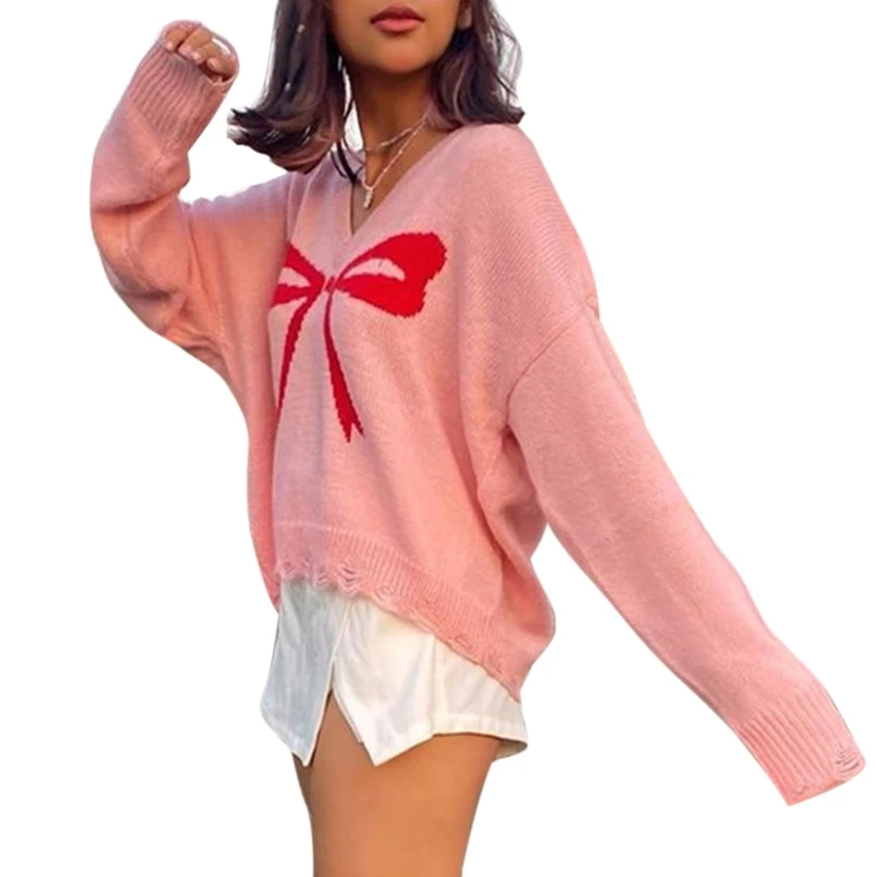 

Women Long Sleeve V-Neck Ribbed Trim Sweater Sweet Bow Print Jumper Crop Top