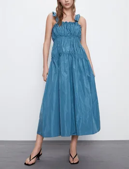 

Fashion ZA Midi Summer Dress 2020 Women Taffeta Tie Straps Sleeveless Ruffle Female Elastic Long Elegant Party Dresses Vestidos