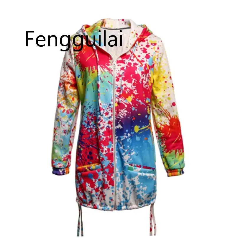 FENGGUILAI новые модные женские разноцветные куртки с капюшоном и длинным рукавом на