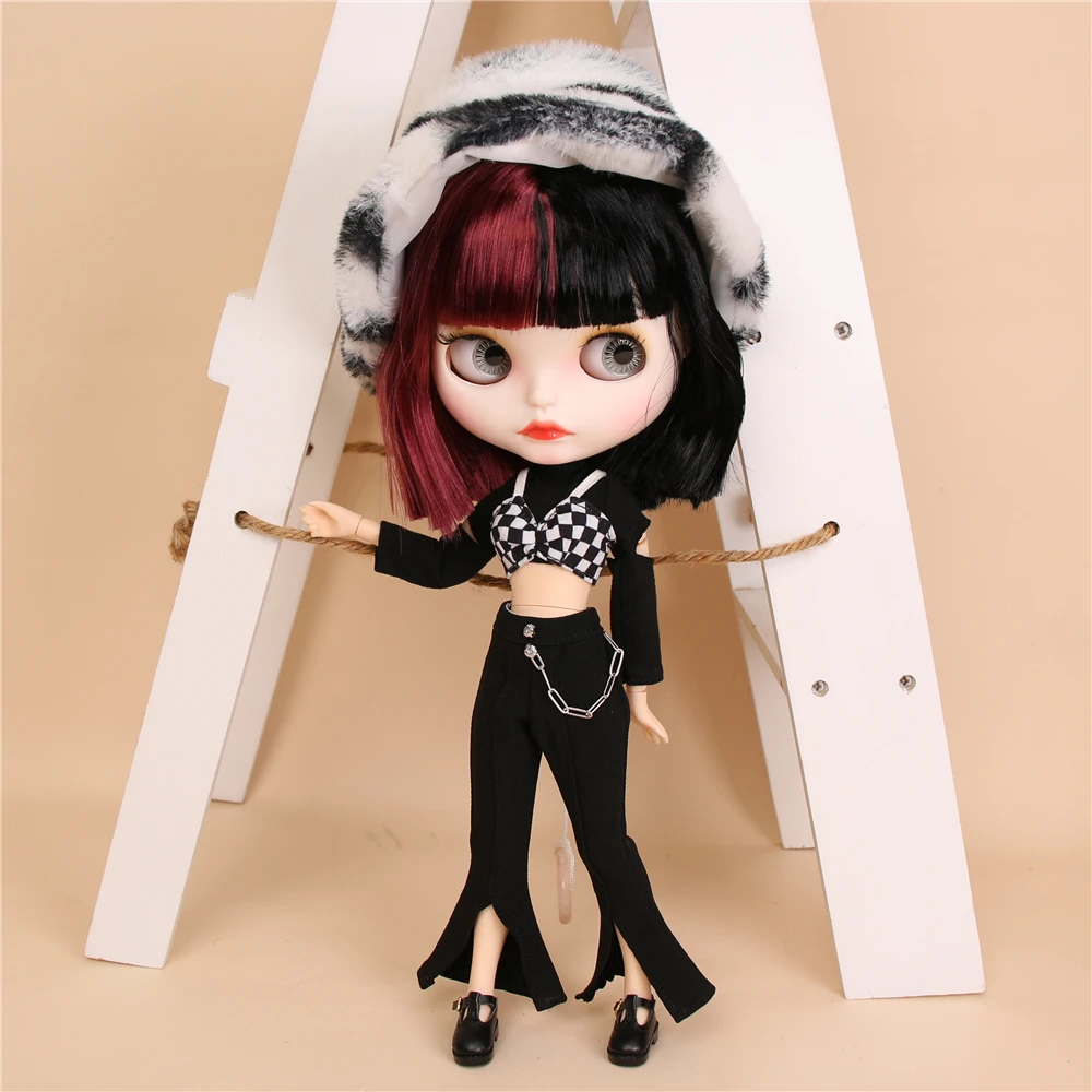 Neo Blythe Doll Cropped Top Shirt Bra with Bell Bottom Pant & Leopard Hat 8