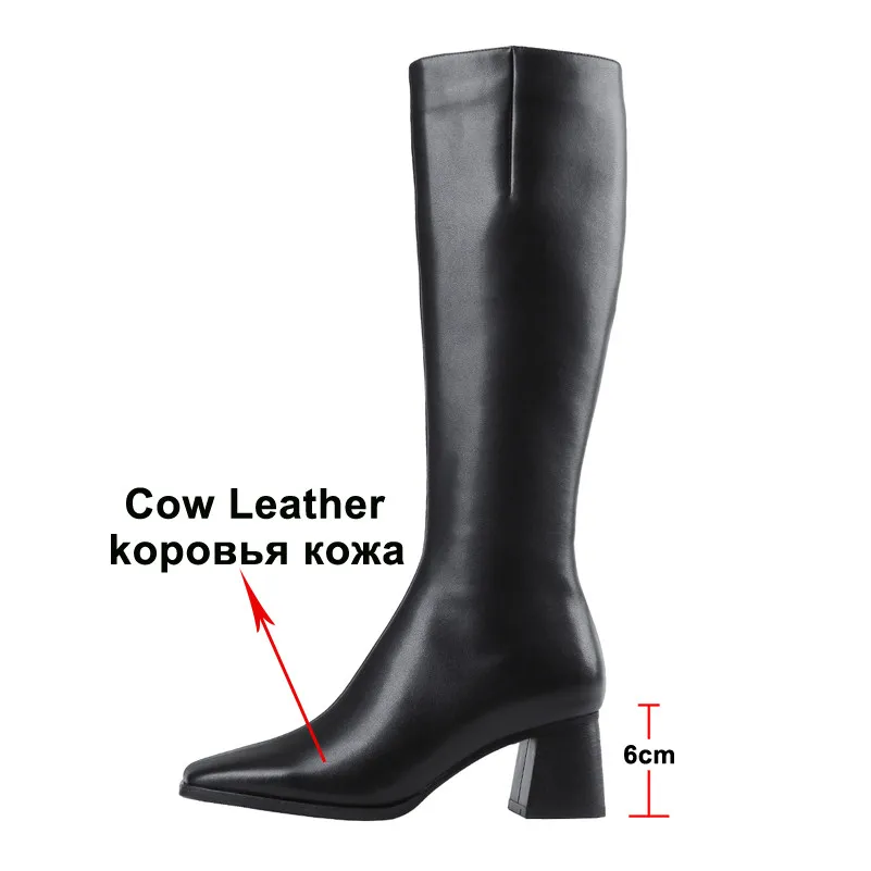 Meotina/Осенние Сапоги до колена; женские высокие сапоги из натуральной кожи на толстом высоком каблуке; обувь на молнии с квадратным носком; женская зимняя обувь; 39