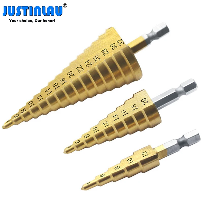 Набор сверл JUSTINLAU 3 шт. 1/4 &quotHSS титановые ступенчатые сверла 4-12 мм 4-20 4-32 конусные
