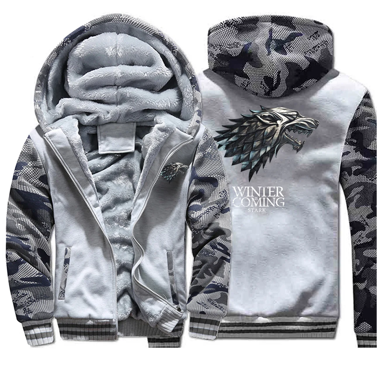Game of Thrones Jackets Men Wolf House Stark Winter Is Coming Hoodies Sweatshirt Men Winter Thick Coats Sportswear Camo Outwear - Color: Light Gray 6