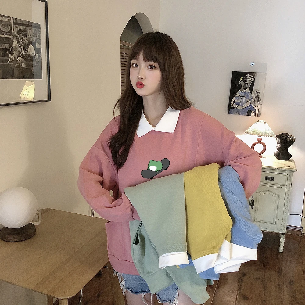 Oversized Sweatshirts Pullover Hoodies Harajuku Skateboard Frog Womens Streetwear Cute