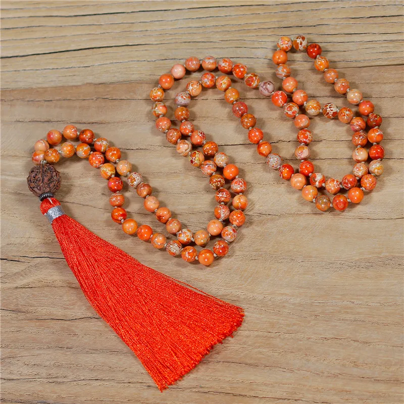 

Natural Stone Beaded 108 Mala Necklace Yoga Meditation Necklace Long Tassel Knotted Necklace Handmade Jewelry Dropshipping