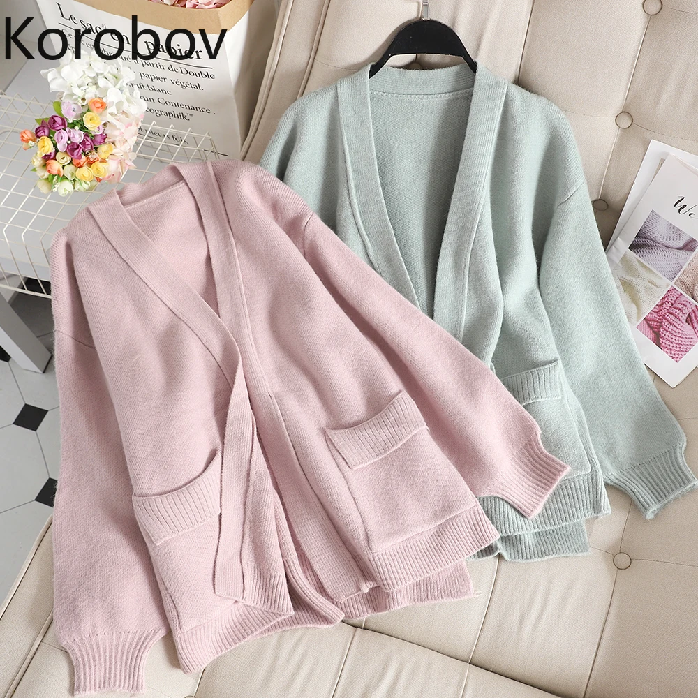 

Korobov Women Solid Preppy Style Pockets Open Stitch Autumn Long Sleeve V Neck Knitted Sweaters Female Cardigans 78839