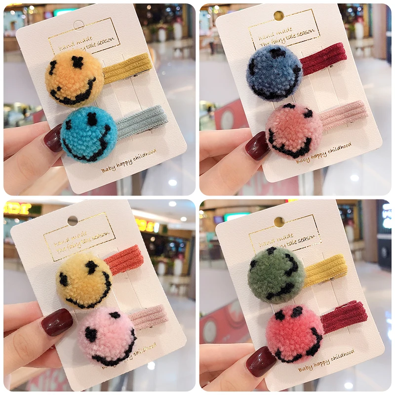 

2Pcs/Set Girl Cute Smiley Face Hairball Soft Fabric Hairpins Children Lovely Hair Clips Barrettes Headband Kids Hair Accessories
