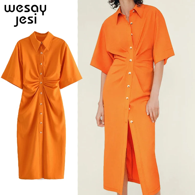 

Autumn Simple Retro Women's Long Dress Lapel Single Breasted Pleated Button Elegant Dress Long Elegant Fashion 2020