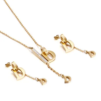 

Elegant Letter D Jewelry Sets Stainless Steel Gold Color alphabet Pendant Necklace With Cubic Zirconia Gold Drop Earrings