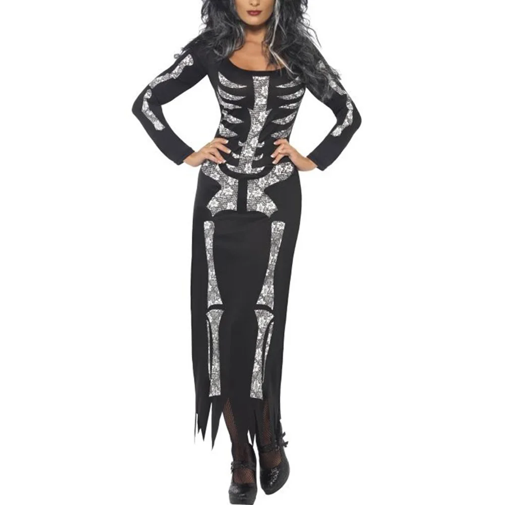 

2019 New Halloween Horror Skeleton Siamese Dress Vintage Women O-neck Long Sleeve Dresses Cosplay Scary Costume Oc25