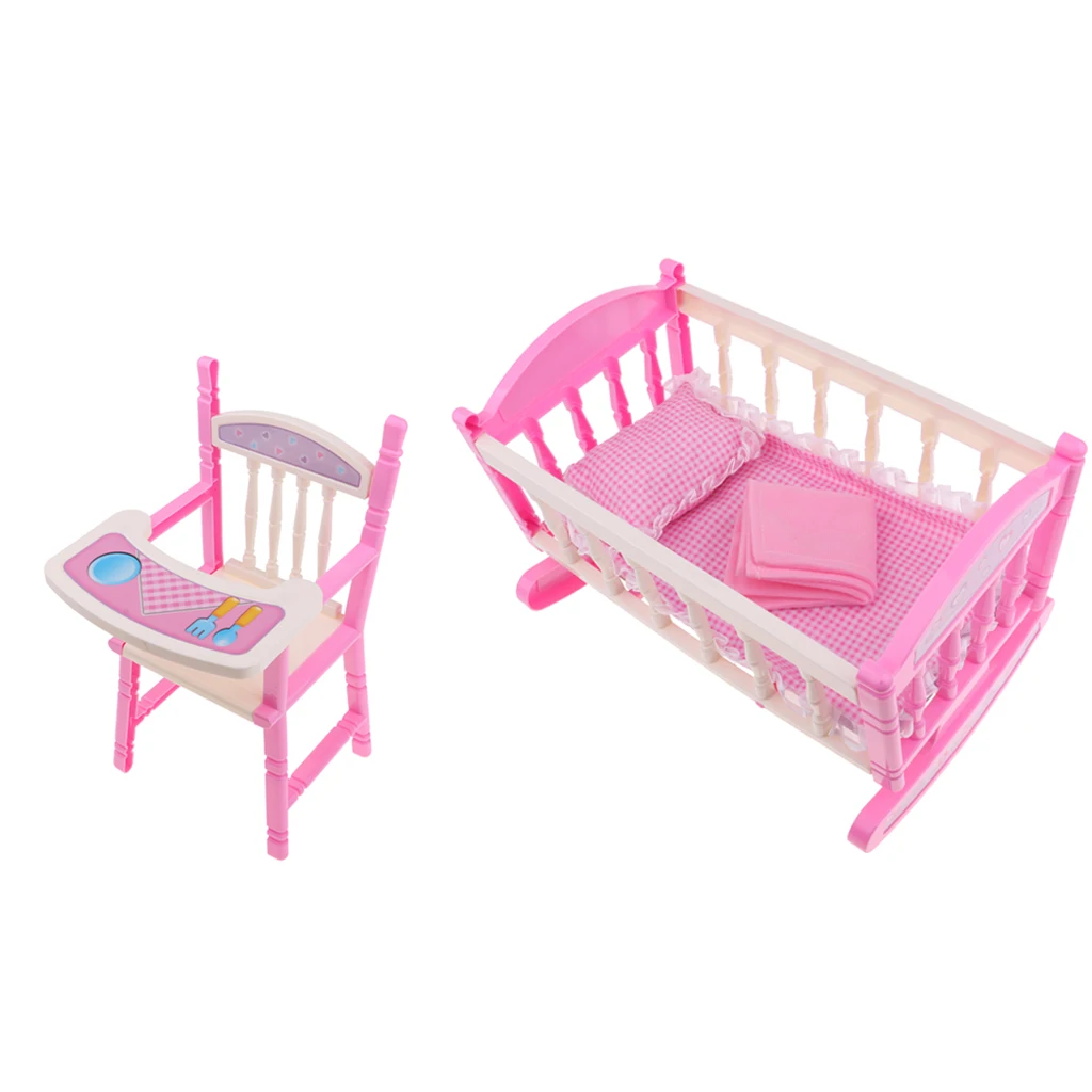 Pink 29*20cm Cradle Bed with Pillow Quilt Kit With High Chair Toy Baby Doll for Reborn Baby Girl Dolls Accessory