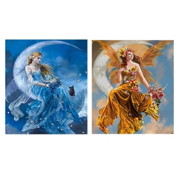 

2 Sets 5D DIY Diamond Painting Kit Embroidery Cross Stitch Kit Arts Home Wall Decor Crafta Moon Girl(Blue+Orange)