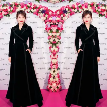 

2019 Autumn Winter Trench Turn-Down Collar Full Women Single Button X-long Fashion Vestidos Liu Tao Celebrity Coats Jacket
