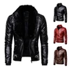 ABOORUN Mens Punk Rivet Zipper Leather Jacket Detachable Fur Collar Red Black Slim Motorcycle Biker Thicken Leather Jacket R2938 4