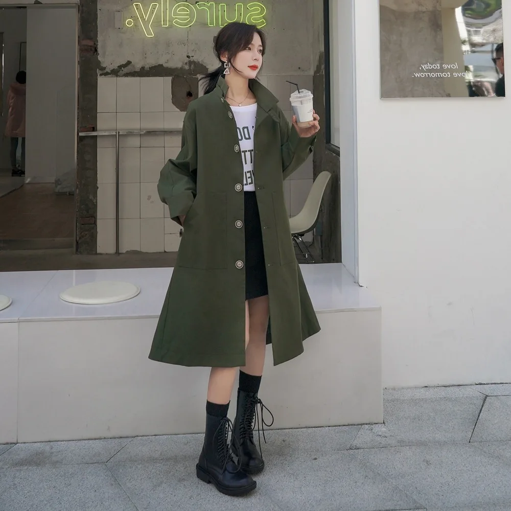 

Photo Shoot France Non-mainstream Long Pattern Coat for Women 2019 Autumn New Style Retro Hepburn Wind Army Green Stand Collar T