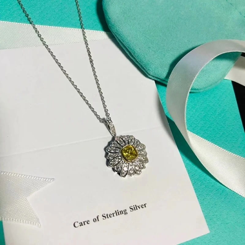 

SHINETUNG S925 Sterling Silver Necklace,Round Yellow Zircon,High Quality 1:1 With Logo,Women Charm Valentine's Day Gift Jewelry