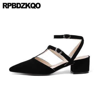 

genuine leather block ladies wine red slingback sheepskin shoes women suede pumps black ankle strap t medium heels pointed toe