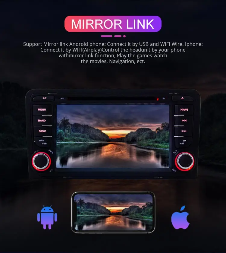Excellent Besina 2 Din Car Radio Android 9.0 Car DVD Player For AUDI A3 S3 2002-2011 GPS Navi Steering Wheel Multimedia Auto Audio Canbus Video Stereo WIFI 4G RAM 64G ROM 7