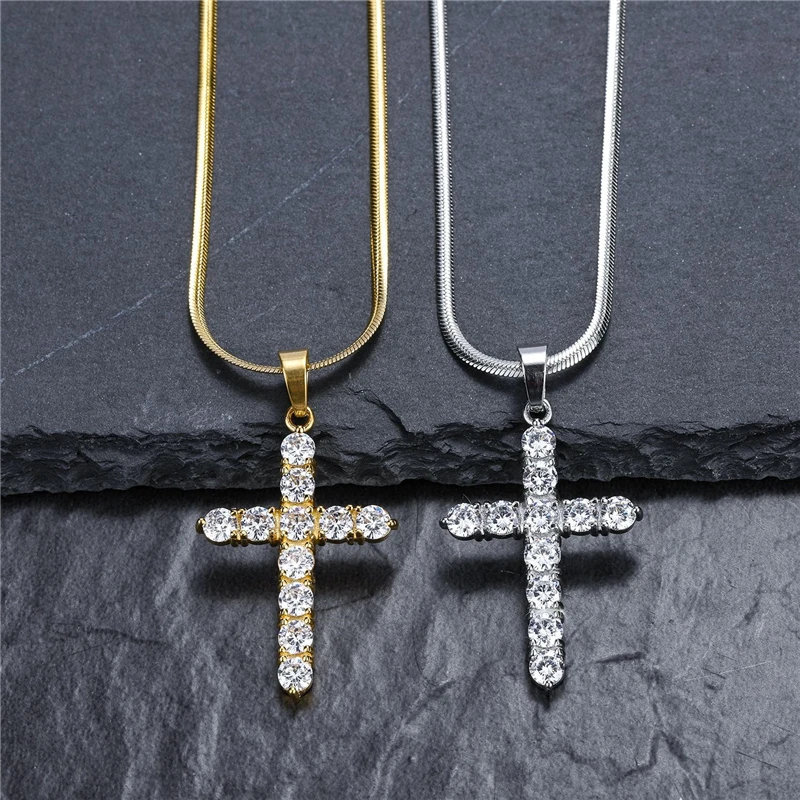 

Cross Necklace Stainless Steel AAA Zircon Cross Necklace Pendant Men Iced CZ Pendants Necklace Chain Fashion Hip Hop Jewelry