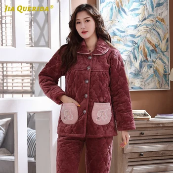 

Long Sleeve Long Pants Sleepwear Fashion Casual Style Pajamas Set Turn Down Collar 3 Layers Padded Cotton + Velvet Front Pocket