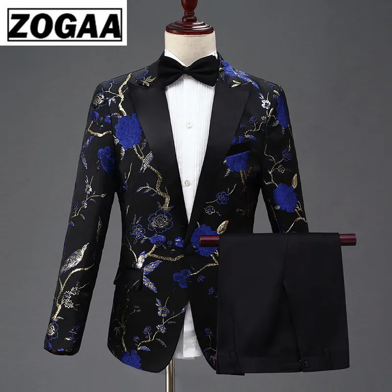 ZOGAA New Design Mens Stylish Embroidery Royal Blue Green Red Floral Pattern Suits Stage Singer Wedding Groom Tuxedo Costume ZOGAA New Design Mens Stylish Embroidery Royal Blue Green Red Floral Pattern Suits Stage Singer Wedding Groom Tuxedo Costume
