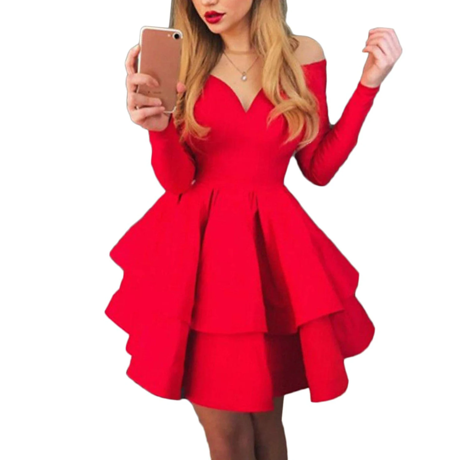 

Dress Women's Fashion Long Sleeve Casual Deep V-Neck Vestidos Soild Double Ruffle Mini Party Dress Women Robe Xmas Party Clothes