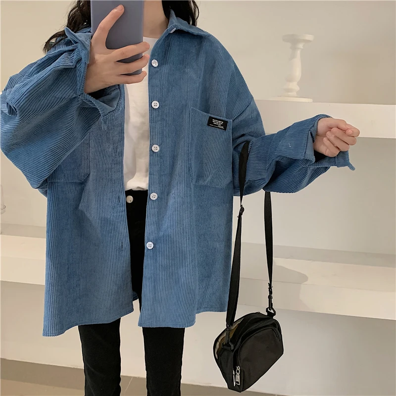 Blue Вельветовые куртки женские винтажные зимние осенние пальто плюс размер однобортные Harajuku пальто свободная куртка однотонная верхняя одежда V875 - Цвет: Blue