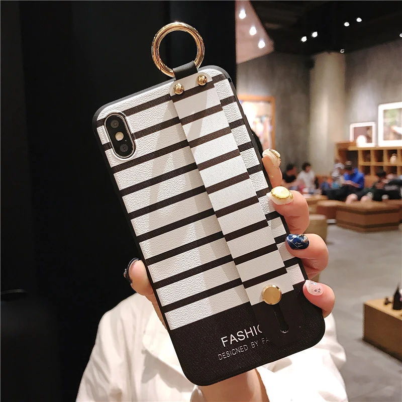 9 SoCouple Wrist Strap Phone Cases For iPhone Xs max For iPhone 7 8 6 6s Plus X XS XR Relief Stripe Pattern Soft TPU Back Cover