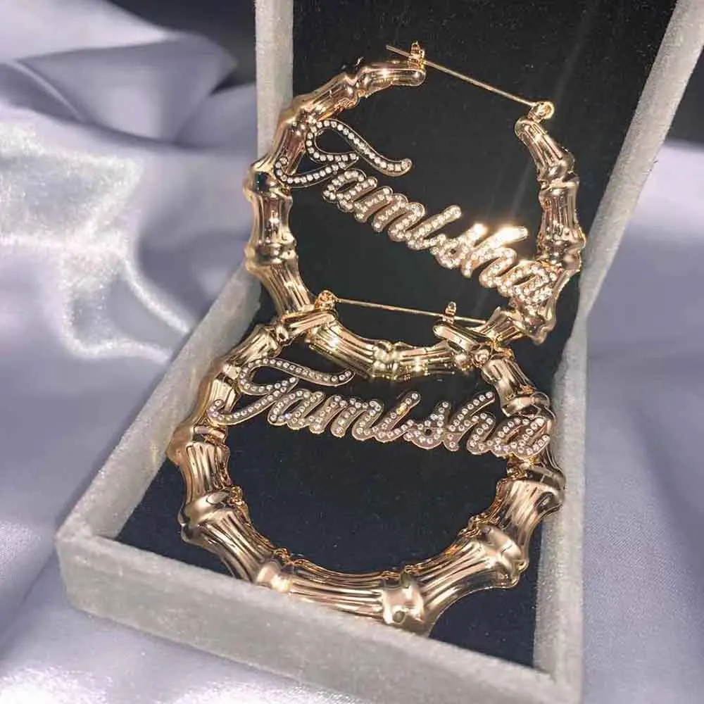 LUER Name Earrings Personalized/Bling Bamboo Earrings Custom Diamond Women Earing 2021 Customized Jewelry Hiphop Fashion Gift