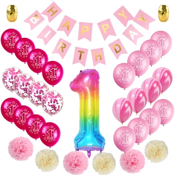 

First Happy Birthday Banner Red Pink 1st Birthday Balloon Kit One 1 Year Old Party Decoration Baby Shower Girl Favor Garland