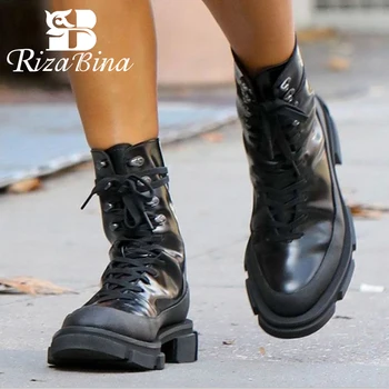 

RIZABINA Real Leather Women Mid Calf Boots Round Toe Cross Strap Zipper Shoes Winter Warm Boots Women Party Footwear Size 34-40