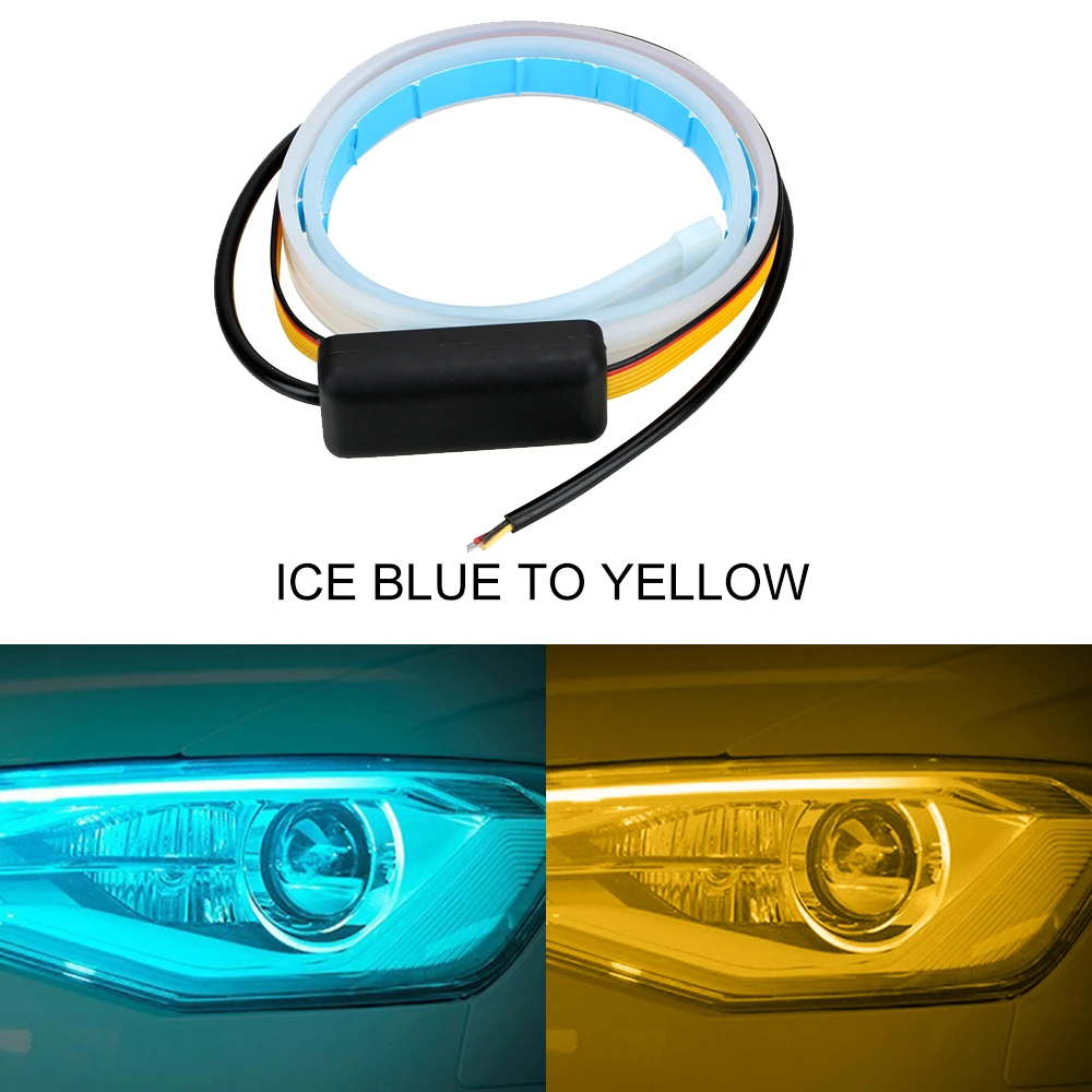 Ice Blue Yellow LEEPEE Автомобильные светодиодные полосы DRL 45 60 см, дневной ходовой светильник, белые указатели поворота, желтые гибкие мягкие трубки, направляющие ультратонкие 12 В - Цвет: Ice Blue Yellow