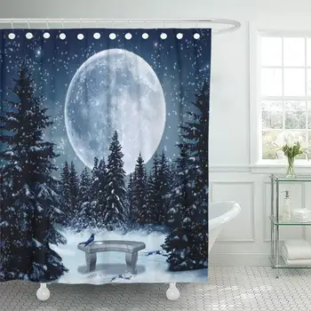 

Shower Curtain Blue Moon Winter Scene at Night White Bench Shower Curtains Sets with Hooks es Waterproof Polyester Fabric