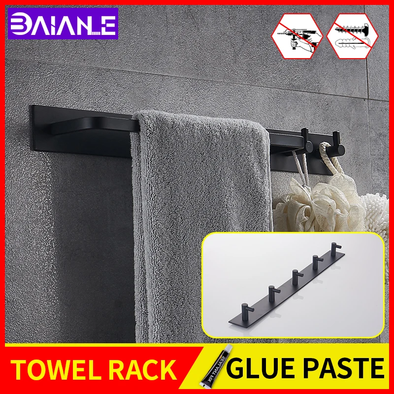 

bathroom towel bars with hook black wall mounted screw free installation Bedroom living room shelf organizer row hook