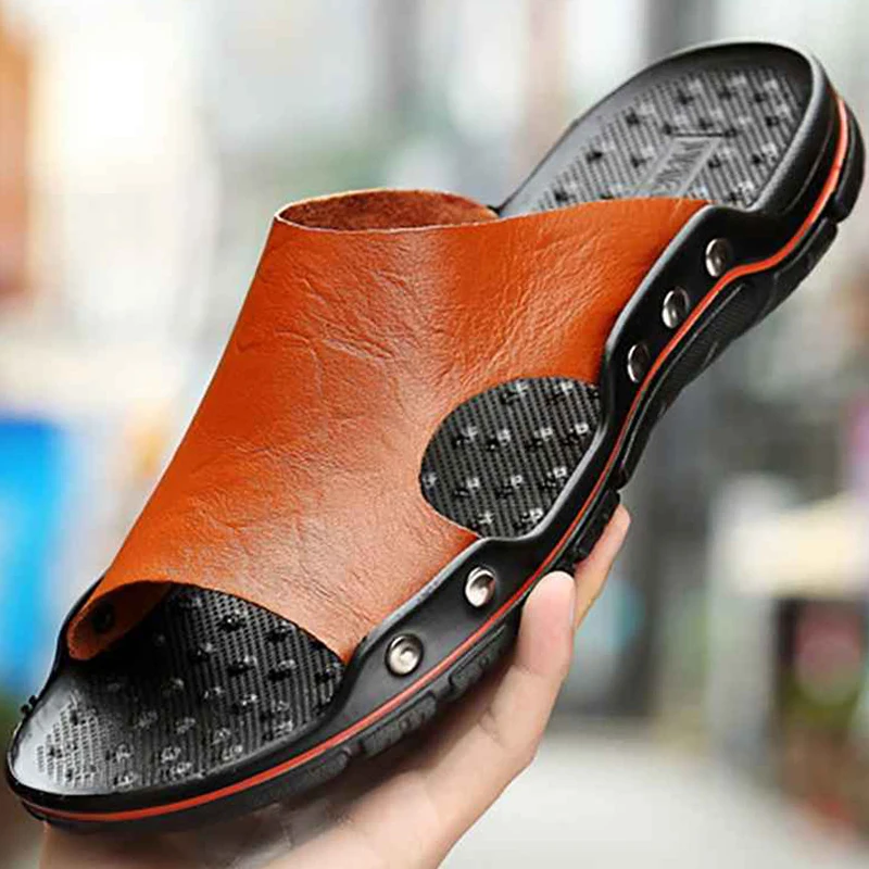 Summer Men's Slippers Genuine Leather Men's Slides Slippers Sandals Designer Luxury Leather Men's Flip Flops Outdoor Sandals Hot