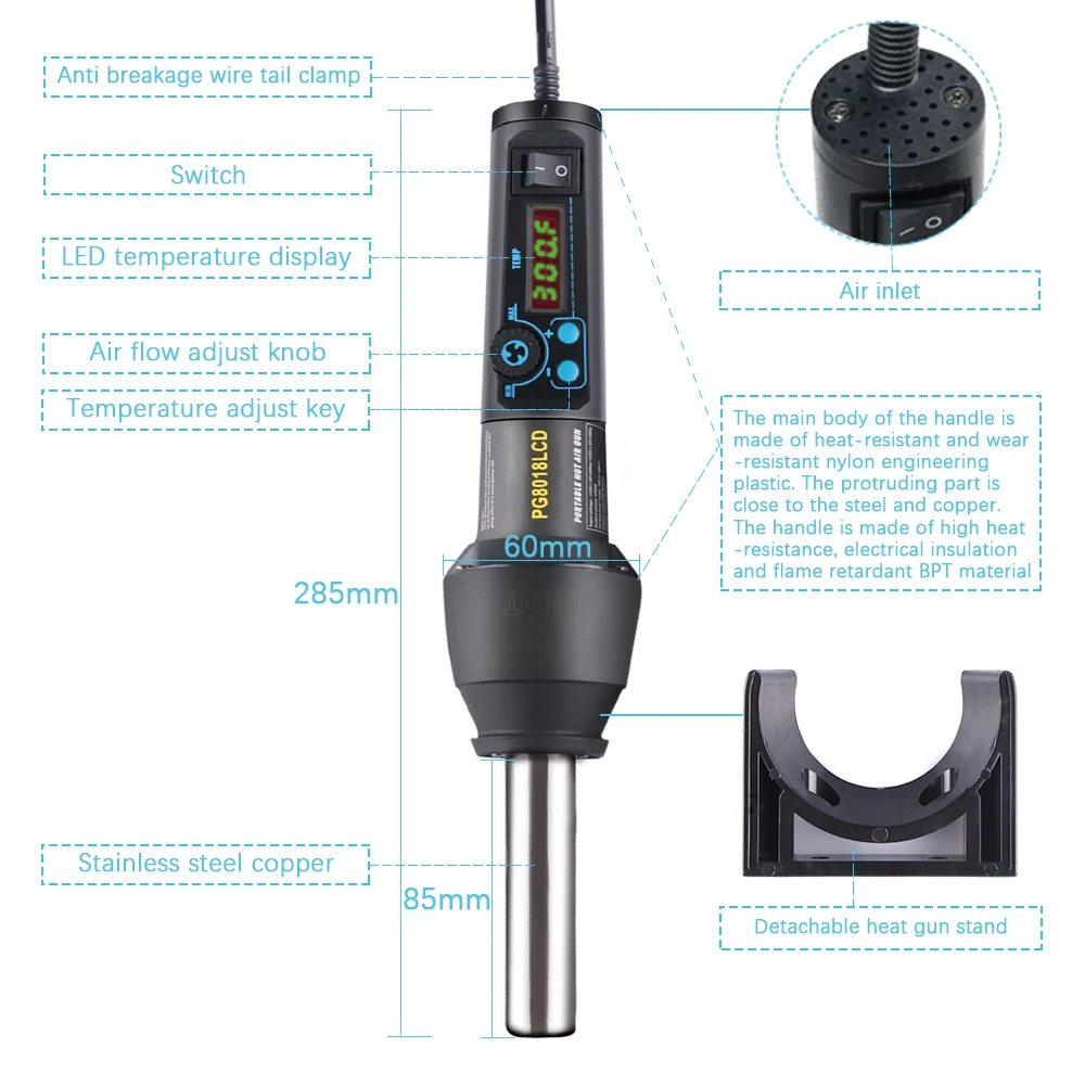 PG8018 lcd 650W lcd Регулируемая электронная Тепловая фена паяльная станция IC SMD BGA+ сопло 8858 650W